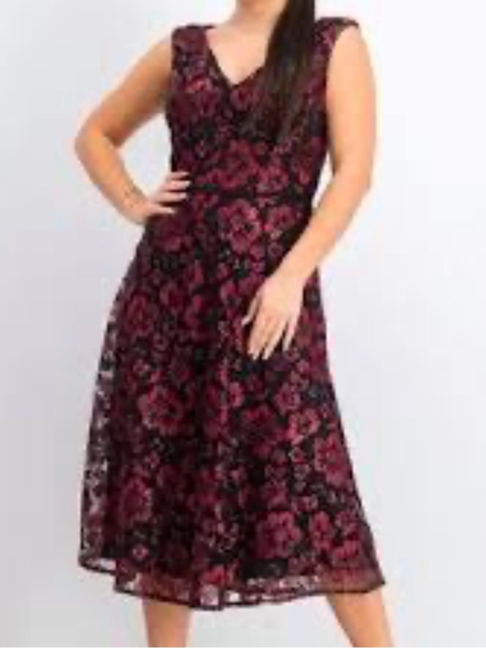 LN Taylor Red Black Floral Embroidered Midi Cocktail Dress